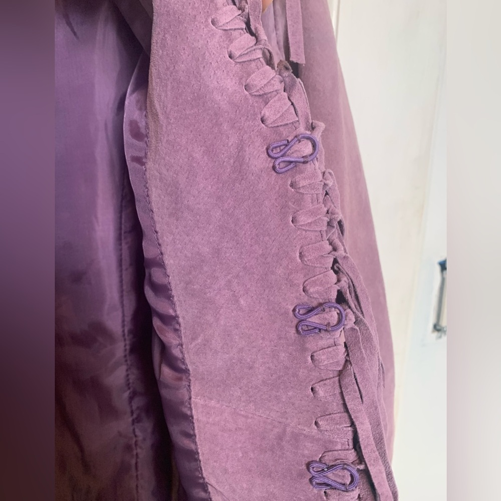 Vintage 90s Purple Suede Leather Fringe Jacket Western Boho Y2K Size M - Picture 4 of 6